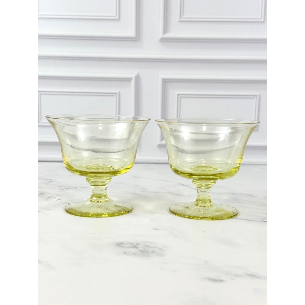 VTG PAIR (2) Yellow Depression Glass Sherbet Coupes 3 1/4" Tall Rare Find